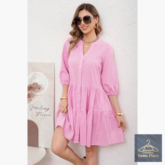 Plaid Shirt Dress with Puff Sleeves, Pockets, Midi Length, Casual Fit - Picture 3 of 7